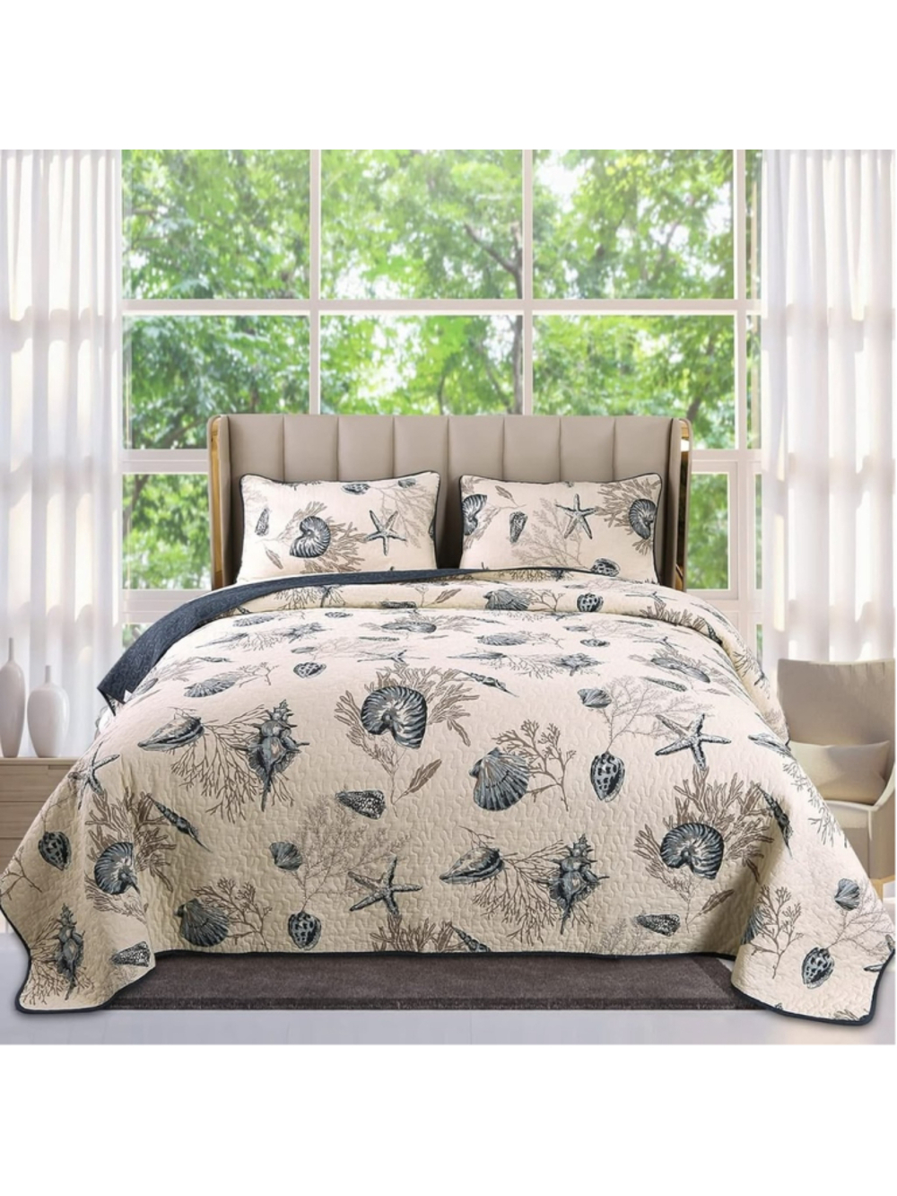 Nautical Coastal King Quilt & Shams Shell Starfish Pattern Blue Reversible